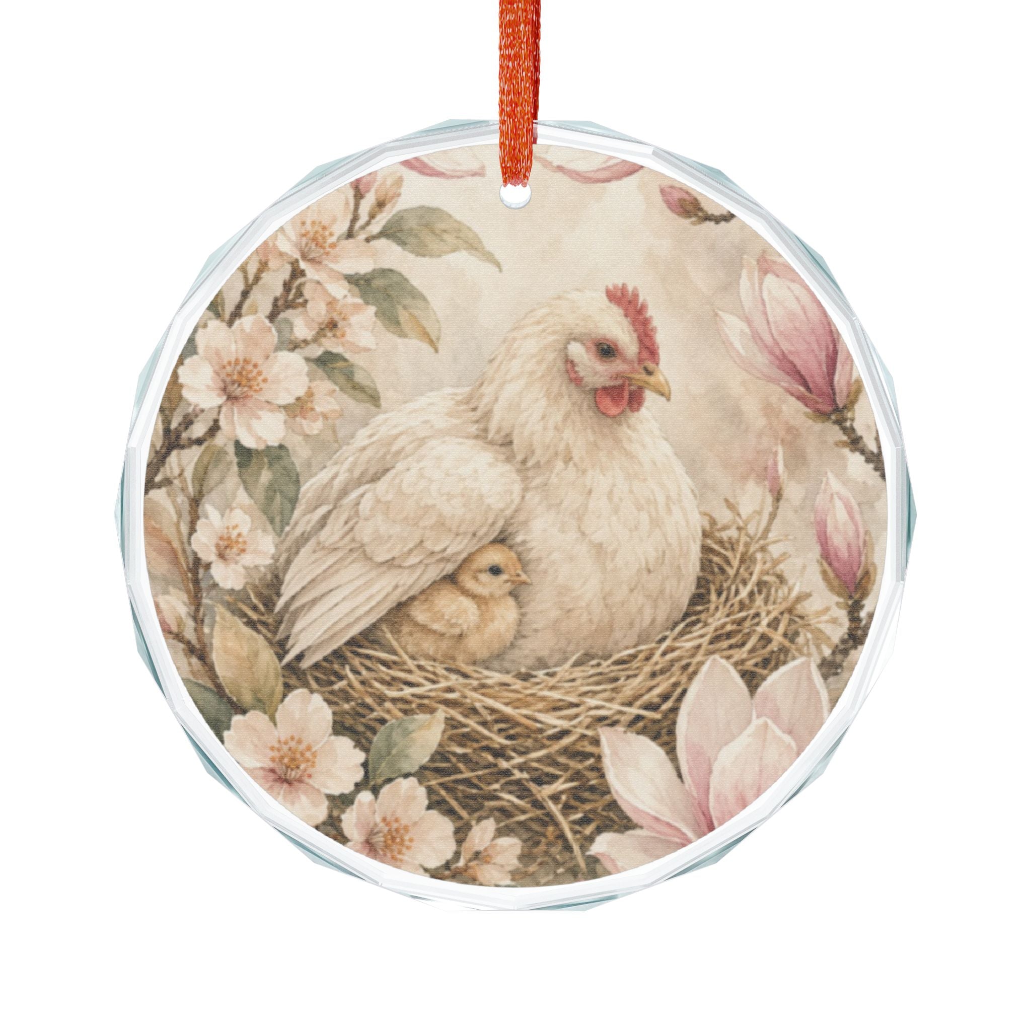 Glass Ornament — Vintage Hen & Chick Nest Floral Christmas Ornament