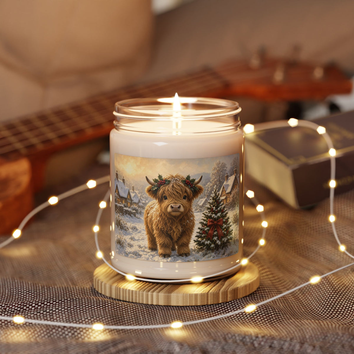 Festive Highland Cow Soy Candle — 9oz Holiday Scented Jar