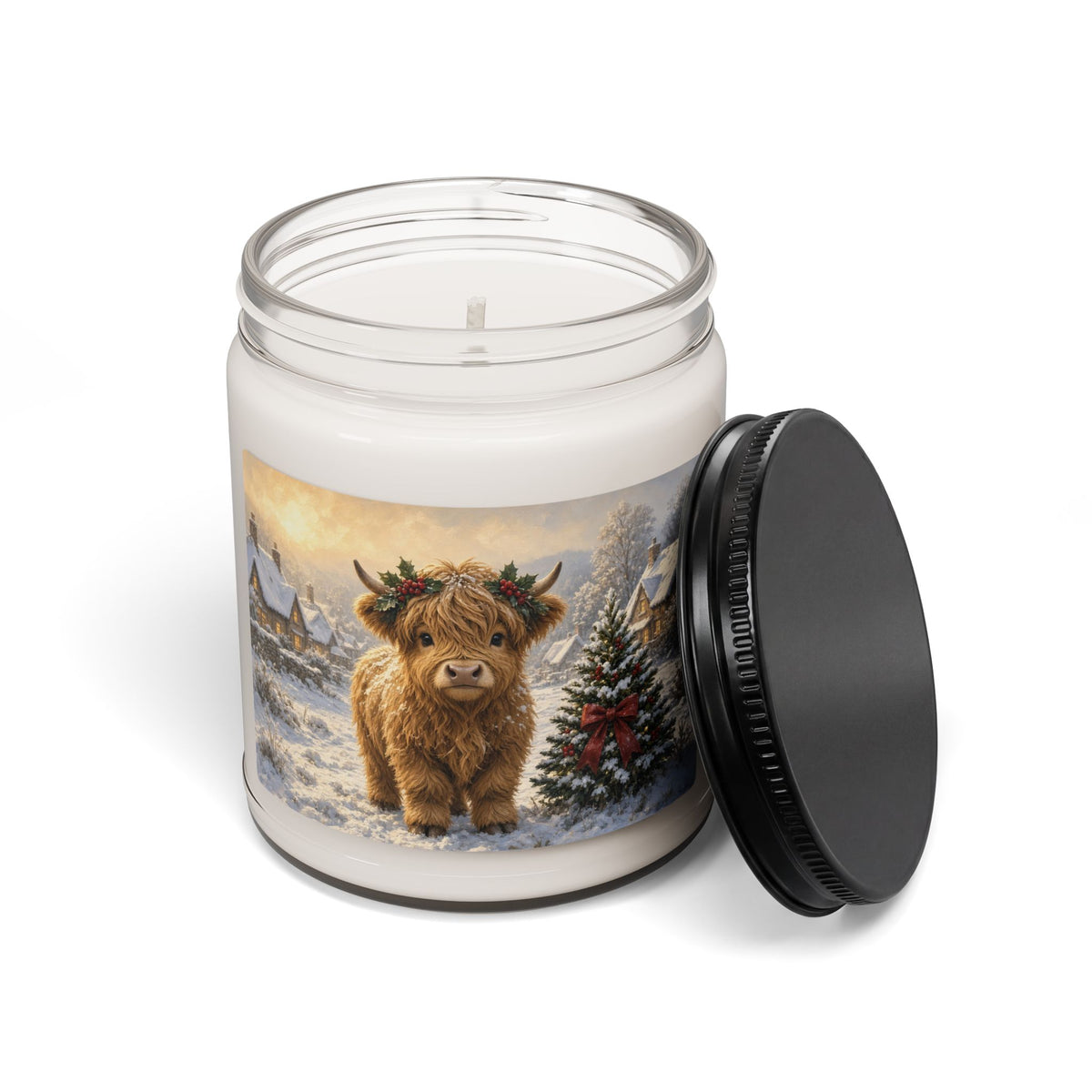 Festive Highland Cow Soy Candle — 9oz Holiday Scented Jar