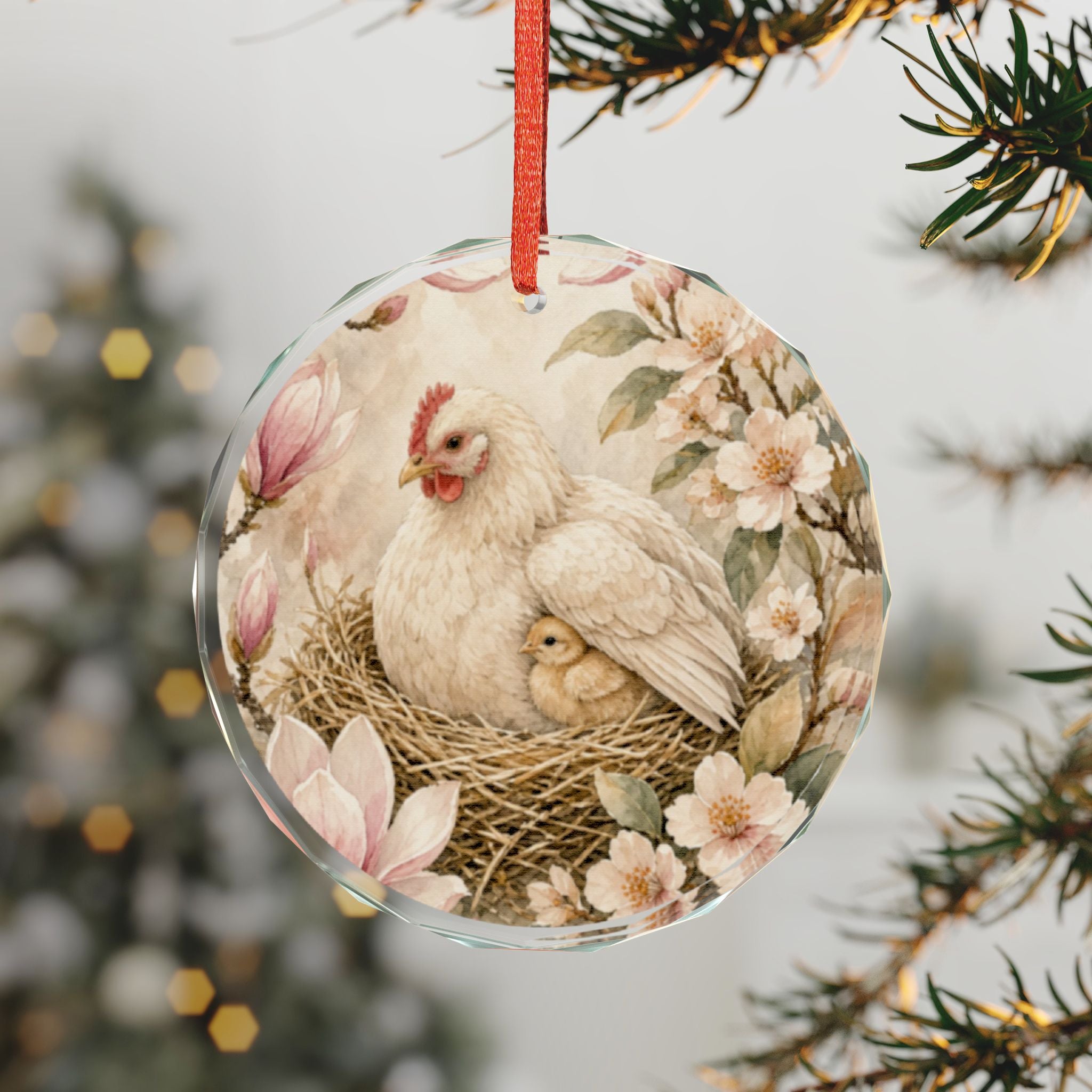 Glass Ornament — Vintage Hen & Chick Nest Floral Christmas Ornament
