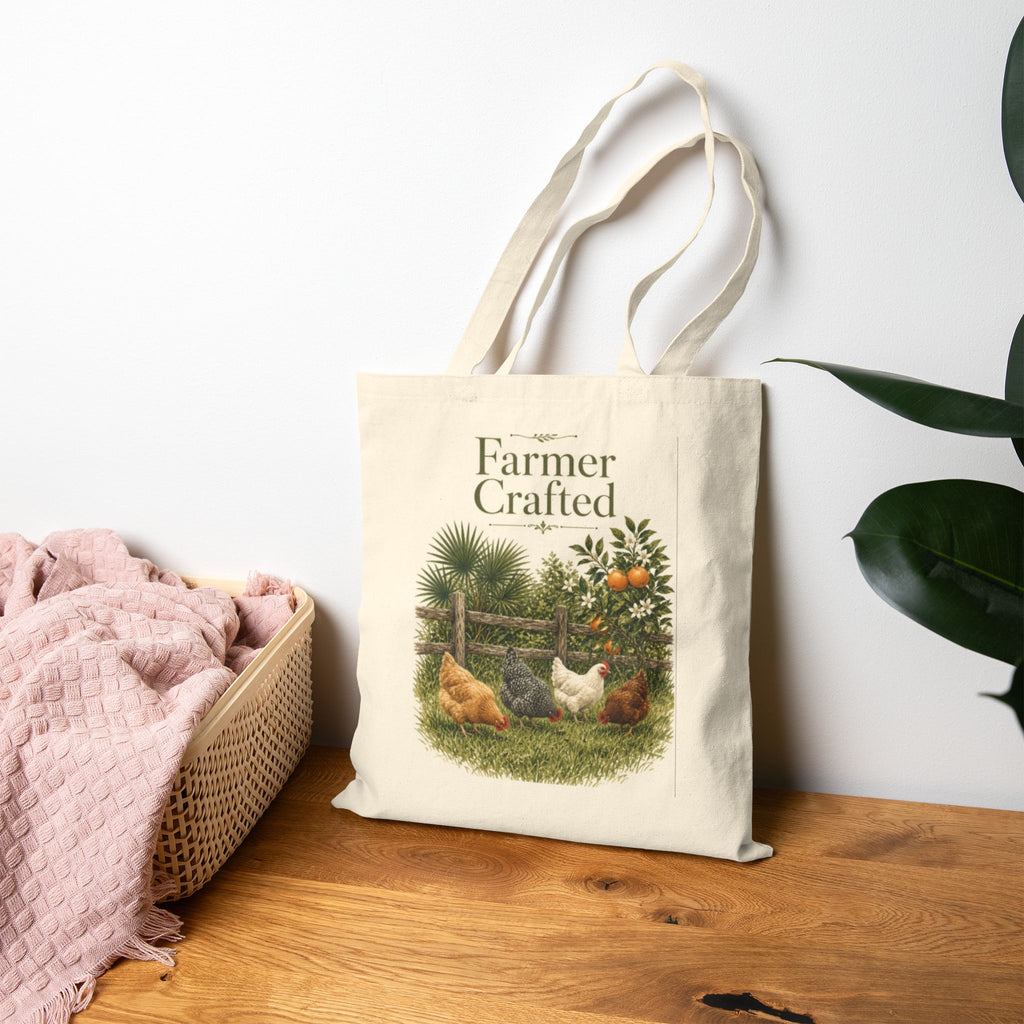Farmer Crafted Canvas Tote — Rustic Farm Chickens & Orange Tree Market Bag