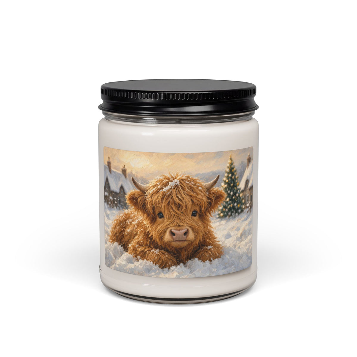 Highland Cow Winter Soy Candle — 9oz Scented Jar (Cozy Holiday Decor)