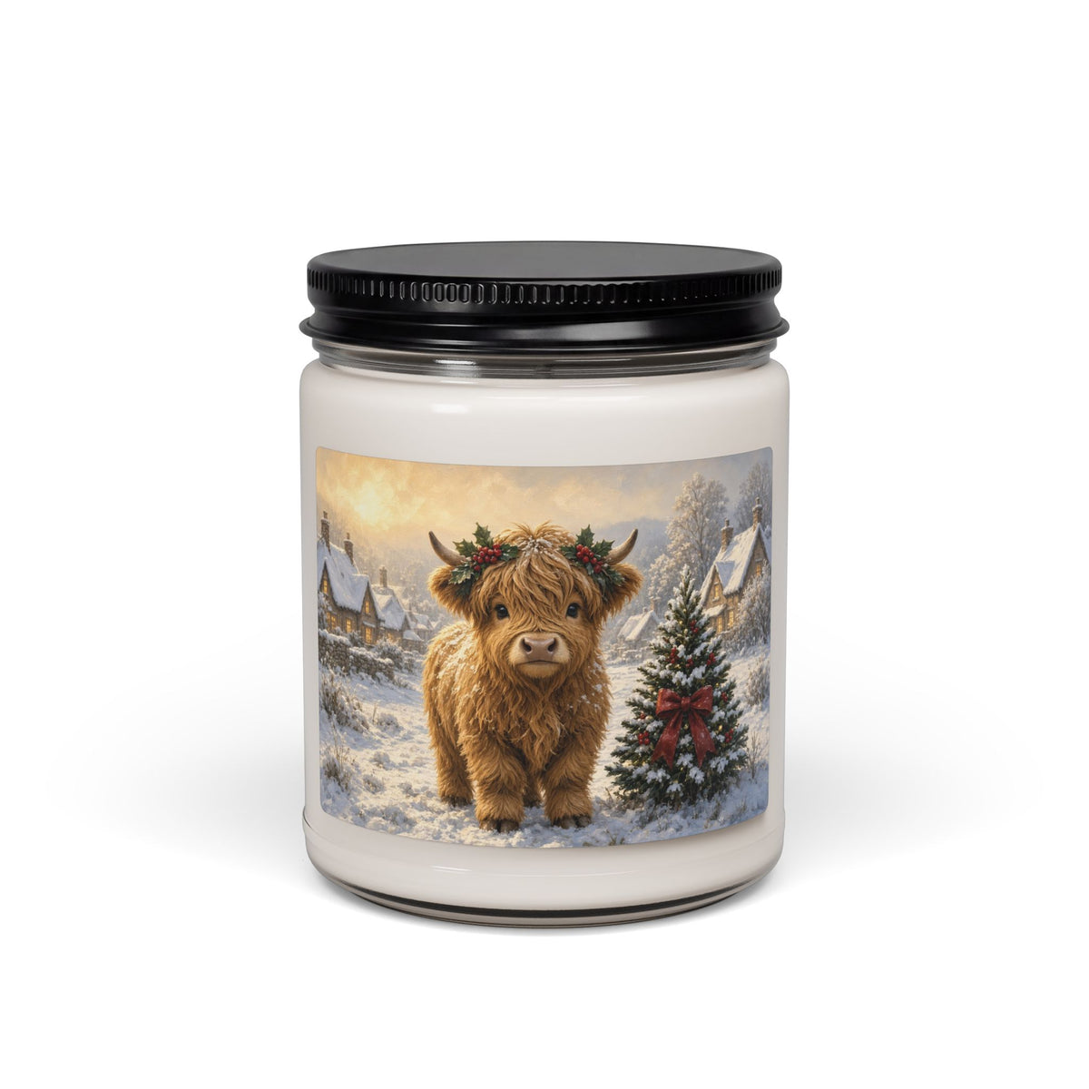 Festive Highland Cow Soy Candle — 9oz Holiday Scented Jar