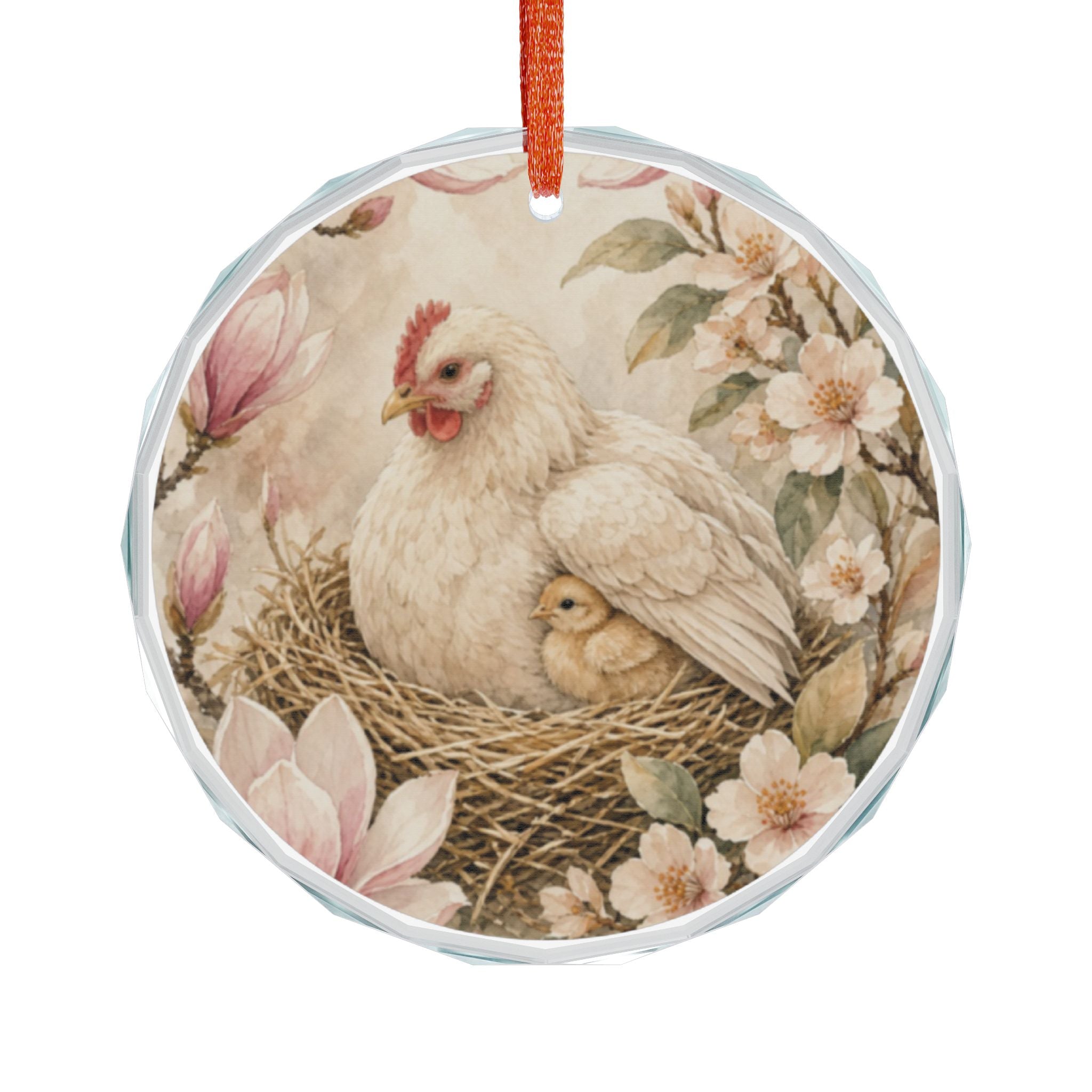 Glass Ornament — Vintage Hen & Chick Nest Floral Christmas Ornament