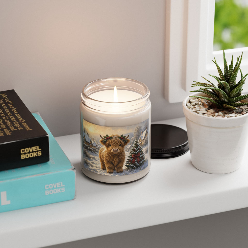 Festive Highland Cow Soy Candle — 9oz Holiday Scented Jar