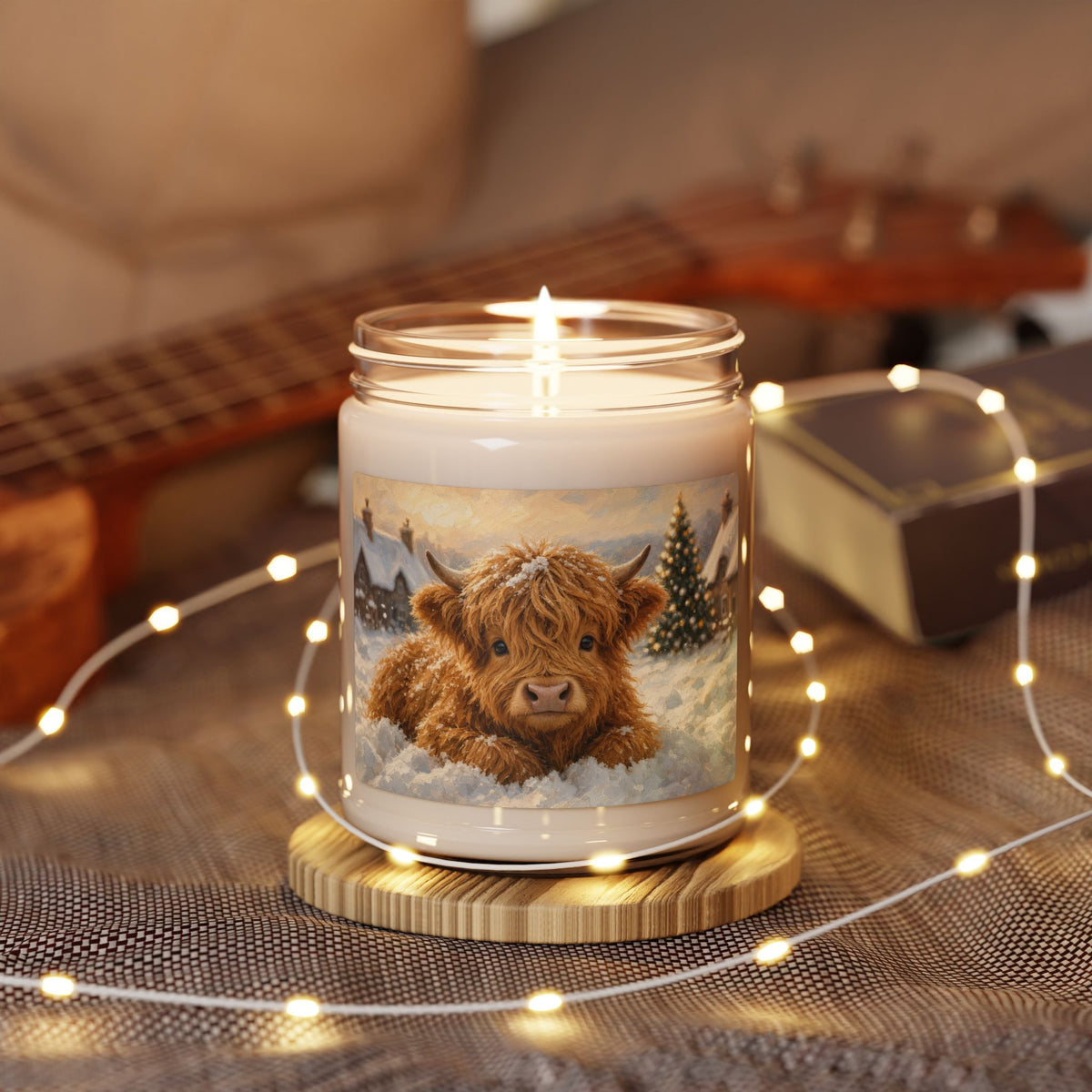 Highland Cow Winter Soy Candle — 9oz Scented Jar (Cozy Holiday Decor)
