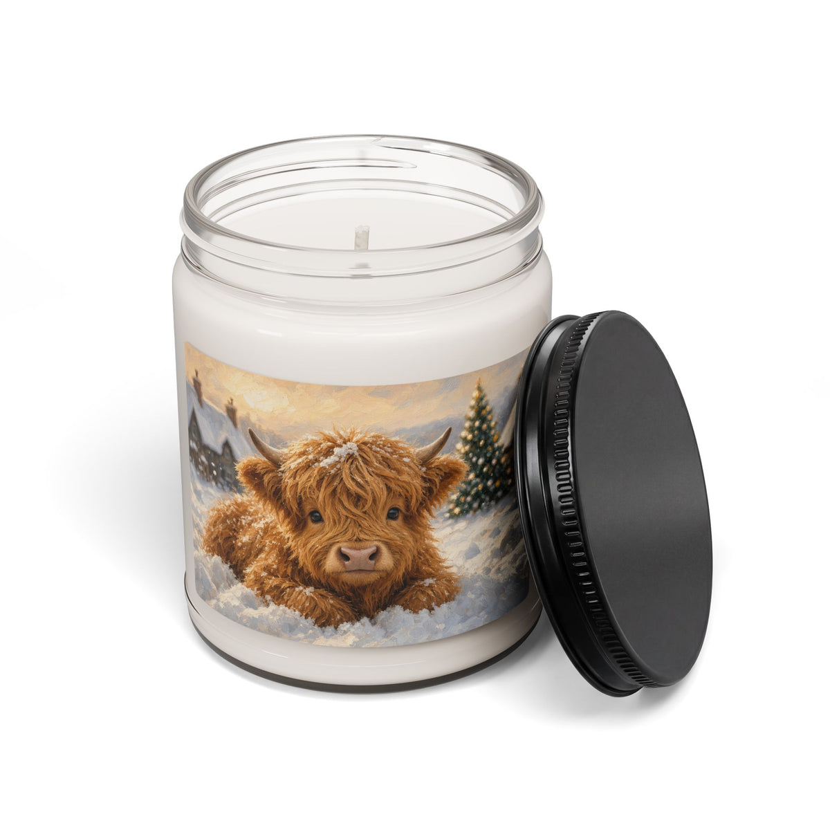 Highland Cow Winter Soy Candle — 9oz Scented Jar (Cozy Holiday Decor)